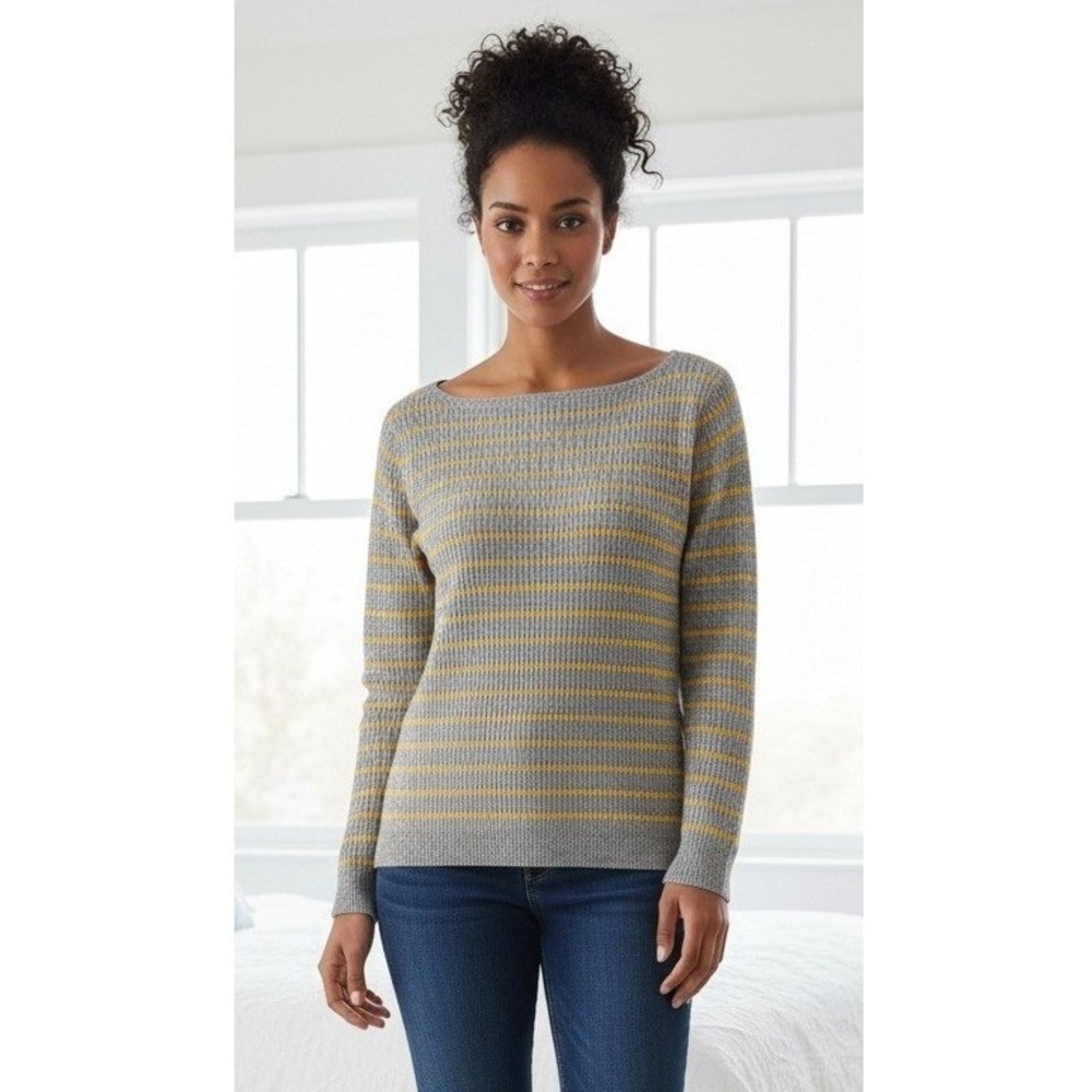 GAP Sweater Women's Size XL Boatneck Ribbed Kni Yellow Gray Striped Pullover